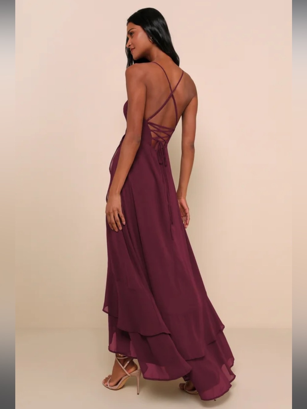 NWT-In Love Forever Plum Lace-Up High-Low Maxi Dress - Picture 3 of 16